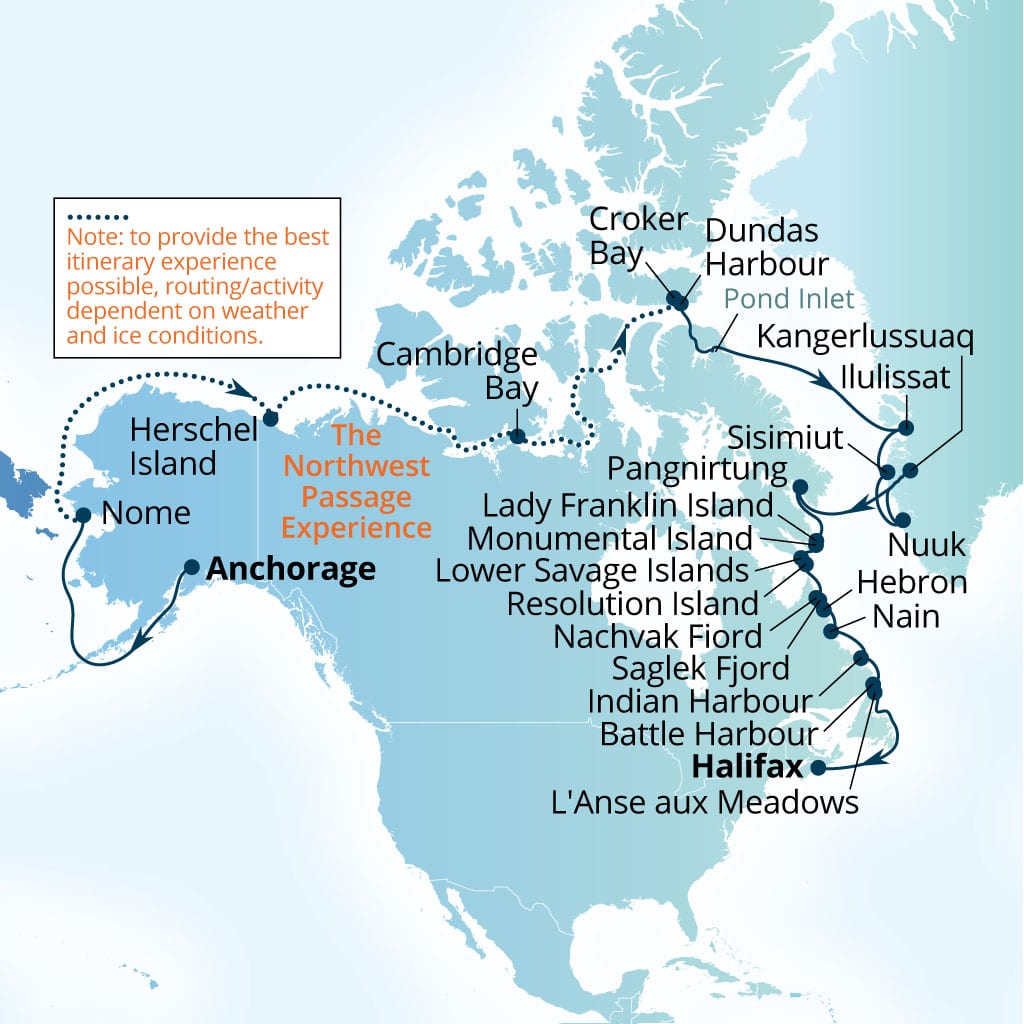 Seabourn Venture 37-day Anchorage, Alaska, US to Halifax, Nova Scotia, Canada itinerary map, August 29-October 5 2026