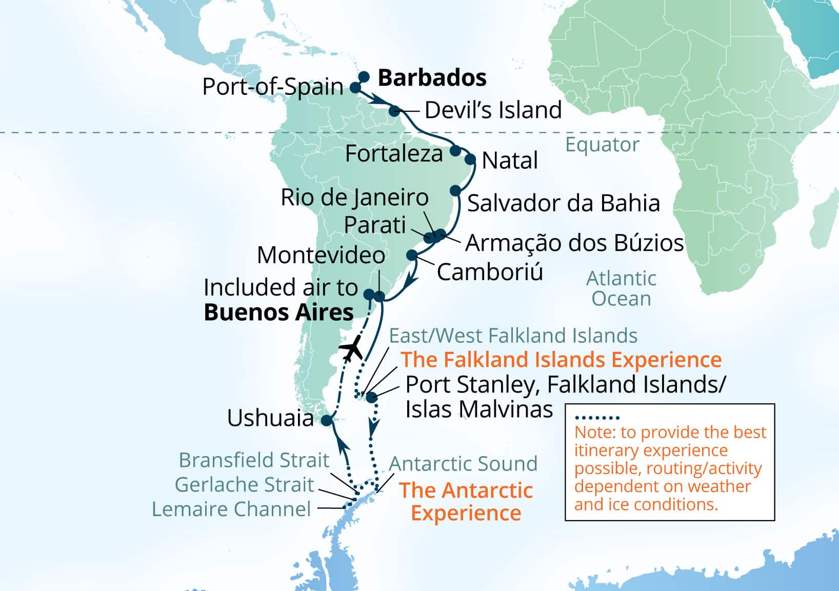 Seabourn Venture Voyage V654A Bridgetown, Barbados to Buenos Aires itinerary map, 2026-10-13 to 2026-11-19