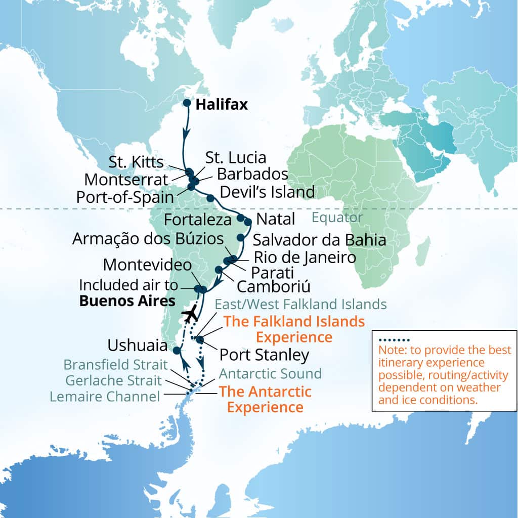 Seabourn Venture 45-day Halifax, Nova Scotia, Canada to Buenos Aires itinerary map, October 5-November 19 2026