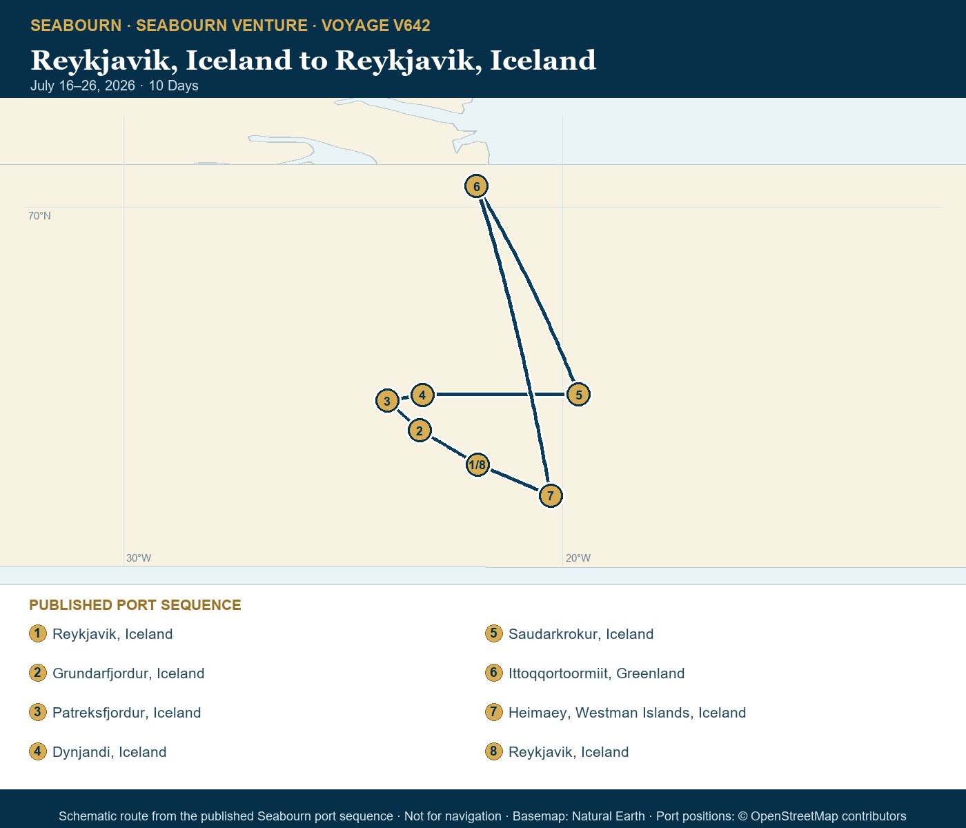 Seabourn Venture Voyage V642 Reykjavik, Iceland to Reykjavik, Iceland itinerary map