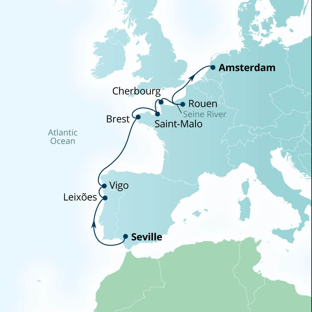 Seabourn Venture 10-day Seville, Spain to Amsterdam, The Netherlands itinerary map, April 27-May 7 2027