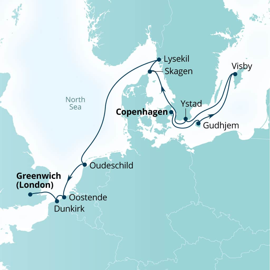 Seabourn Venture 10-day Copenhagen, Denmark to Greenwich (London), England, United Kingdom itinerary map, May 28-June 7 2027