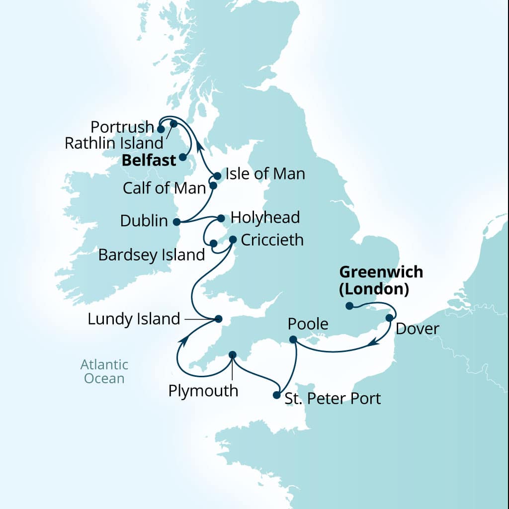 Seabourn Venture 12-day Greenwich (London), England, United Kingdom to Belfast, Northern Ireland, United Kingdom itinerary map, June 7-19 2027
