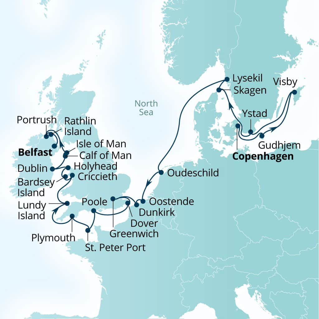 Seabourn Venture 22-day Copenhagen, Denmark to Belfast, Northern Ireland, United Kingdom itinerary map, May 28-June 19 2027