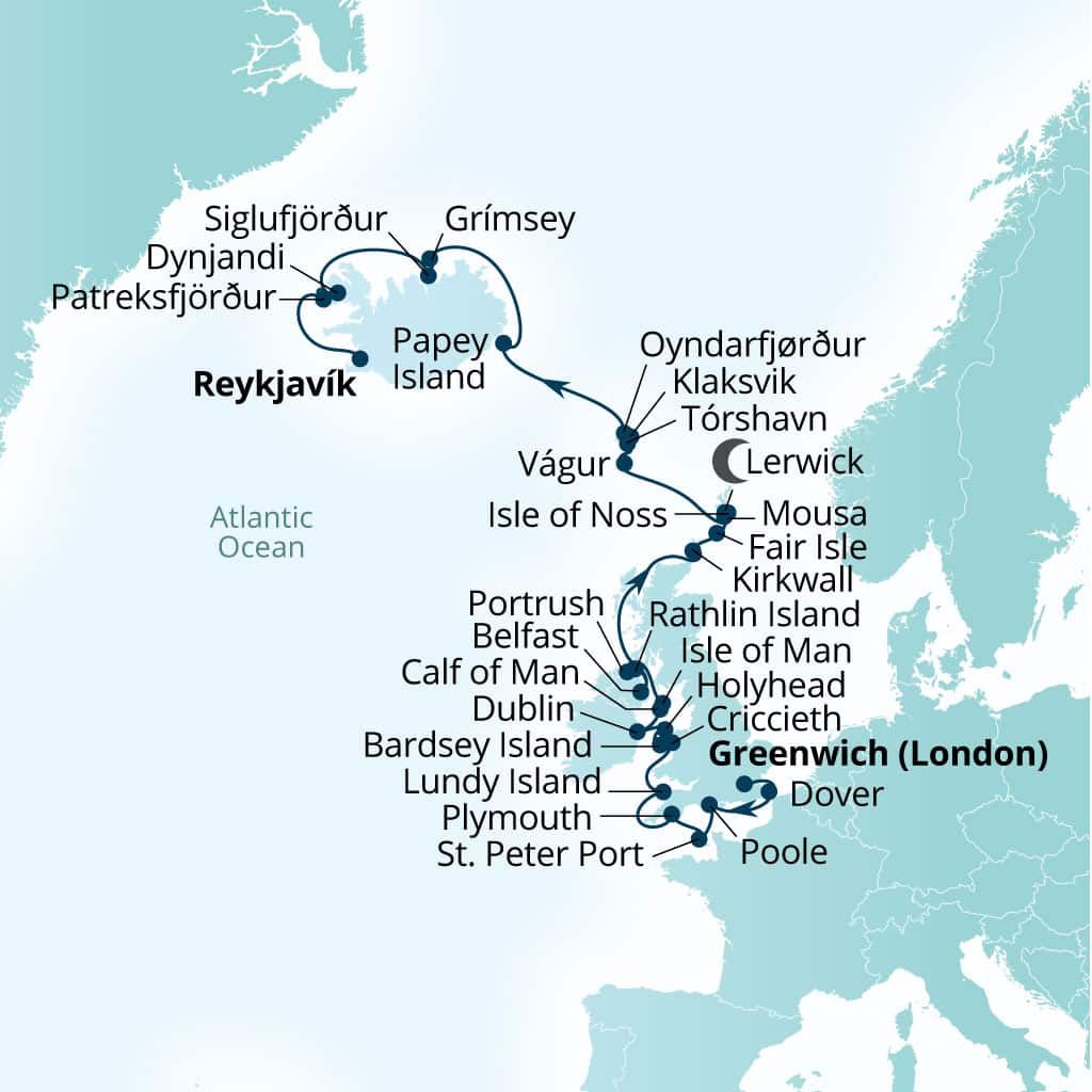 Seabourn Venture 26-day Greenwich (London), England, United Kingdom to Reykjavik, Iceland itinerary map, June 7-July 3 2027