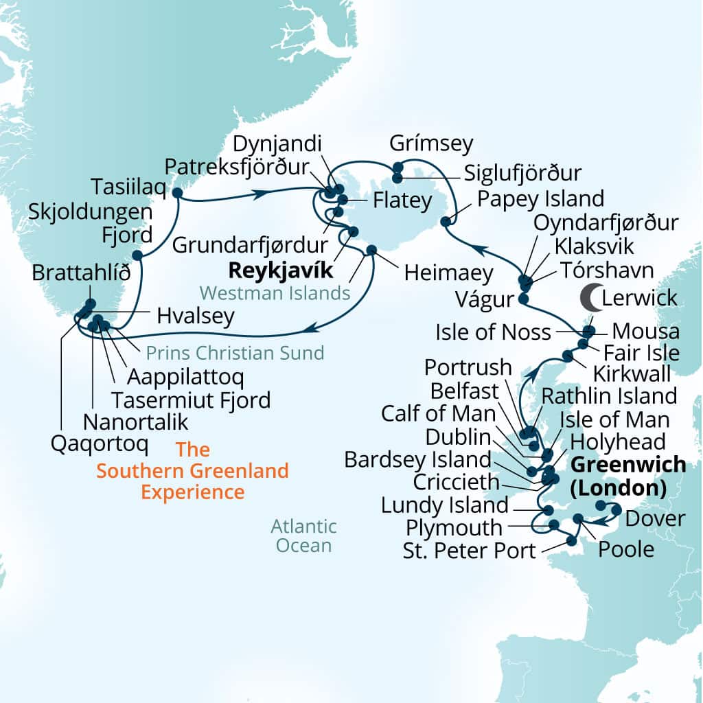 Seabourn Venture 40-day Greenwich (London), England, United Kingdom to Reykjavik, Iceland itinerary map, June 7-July 17 2027