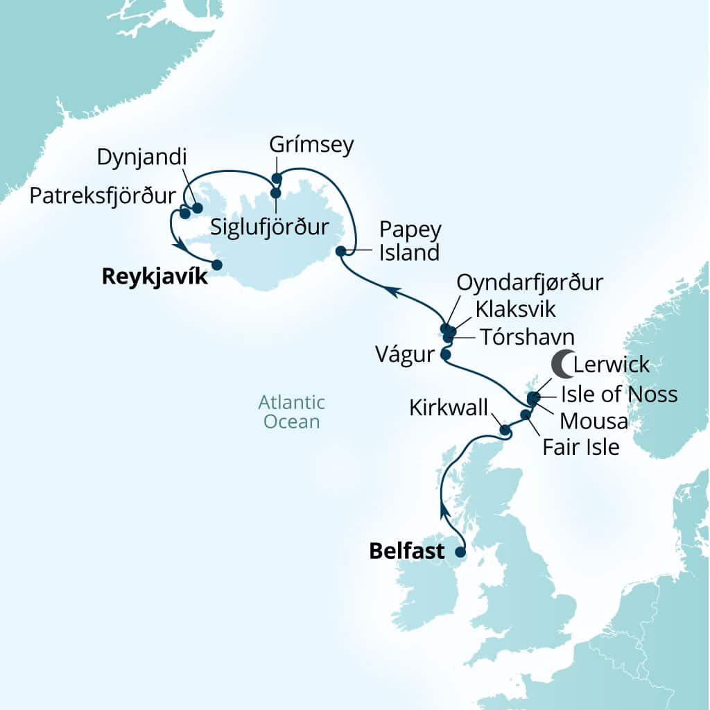 Seabourn Venture 14-day Belfast, Northern Ireland, United Kingdom to Reykjavik, Iceland itinerary map, June 19-July 3 2027