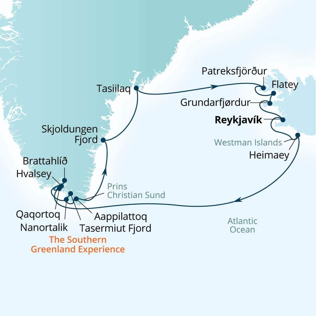 Seabourn Venture 14-day Reykjavik, Iceland to Reykjavik, Iceland itinerary map, July 3-17 2027