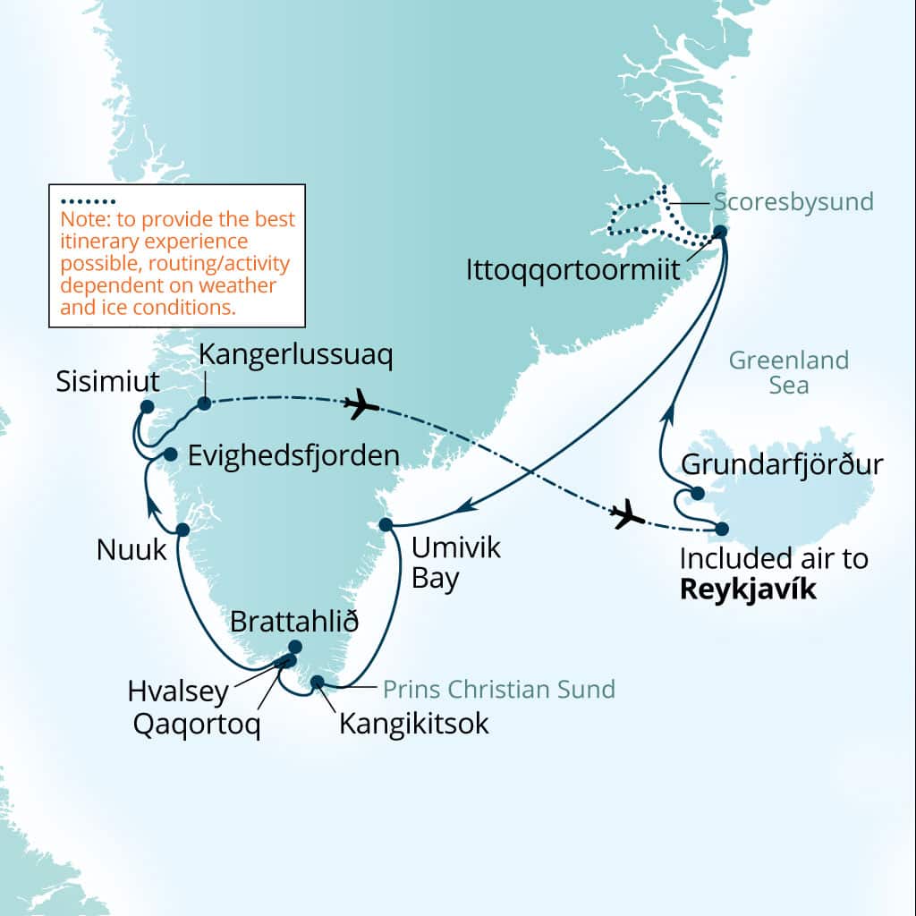 Seabourn Venture 15-day Reykjavik, Iceland to Reykjavik, Iceland itinerary map, July 17-August 1 2027