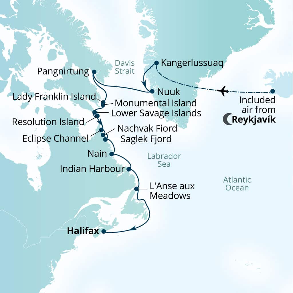 Seabourn Venture 15-day Reykjavik, Iceland to Halifax, Nova Scotia, Canada itinerary map, September 16-October 1 2027