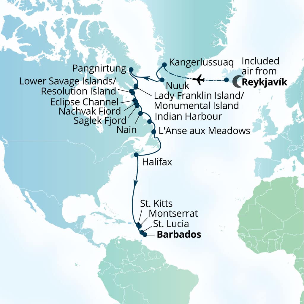 Seabourn Venture 23-day Reykjavik, Iceland to Bridgetown, Barbados itinerary map, September 16-October 9 2027