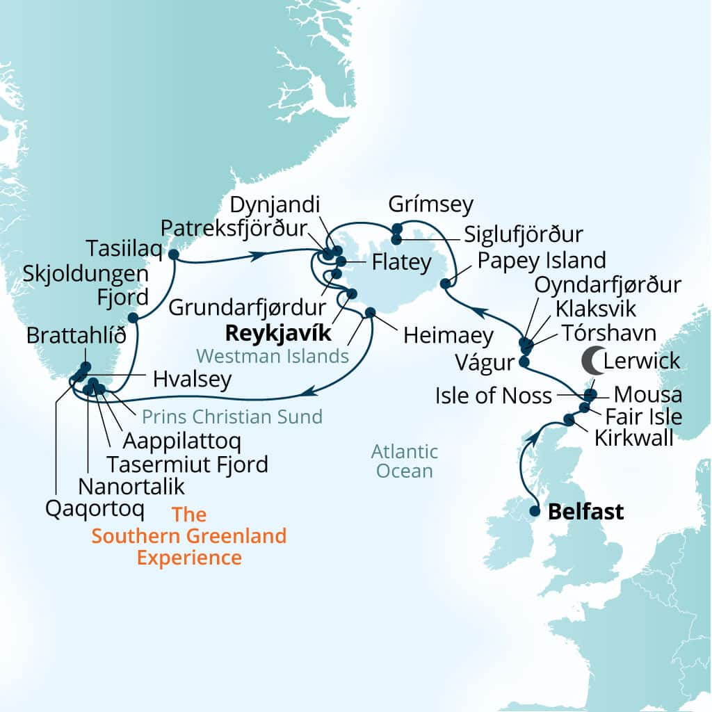Seabourn Venture 28-day Belfast, Northern Ireland, United Kingdom to Reykjavik, Iceland itinerary map, June 19-July 17 2027