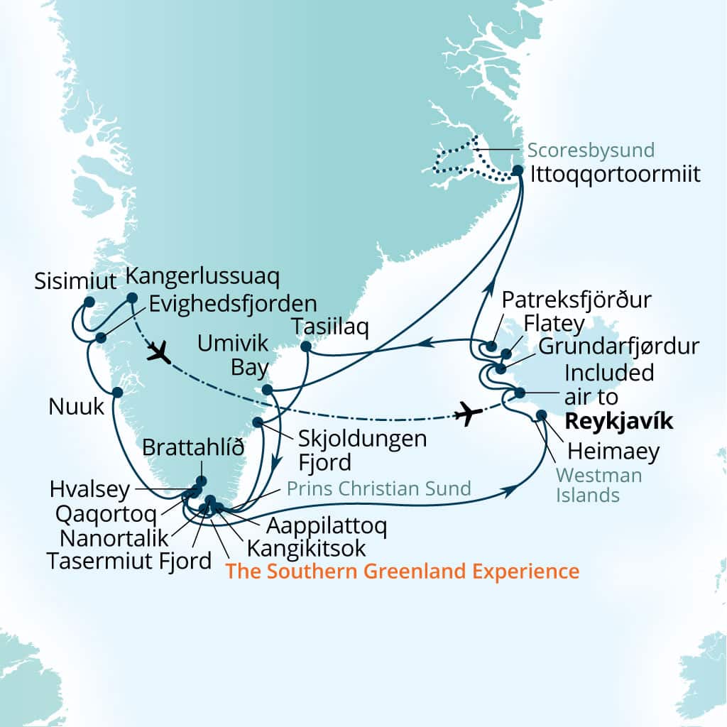 Seabourn Venture 29-day Reykjavik, Iceland to Reykjavik, Iceland itinerary map, July 3-August 1 2027