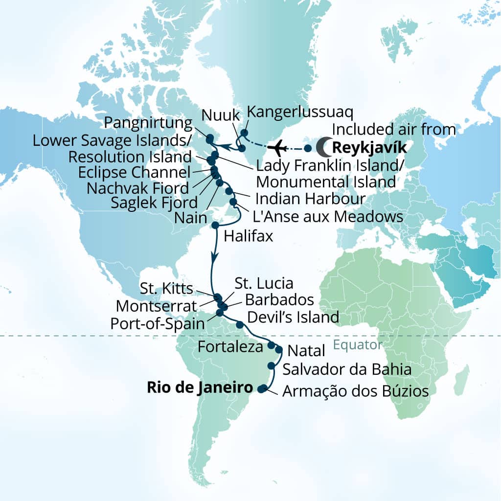 Seabourn Venture 39-day Reykjavik, Iceland to Rio de Janeiro, Brazil itinerary map, September 16-October 25 2027