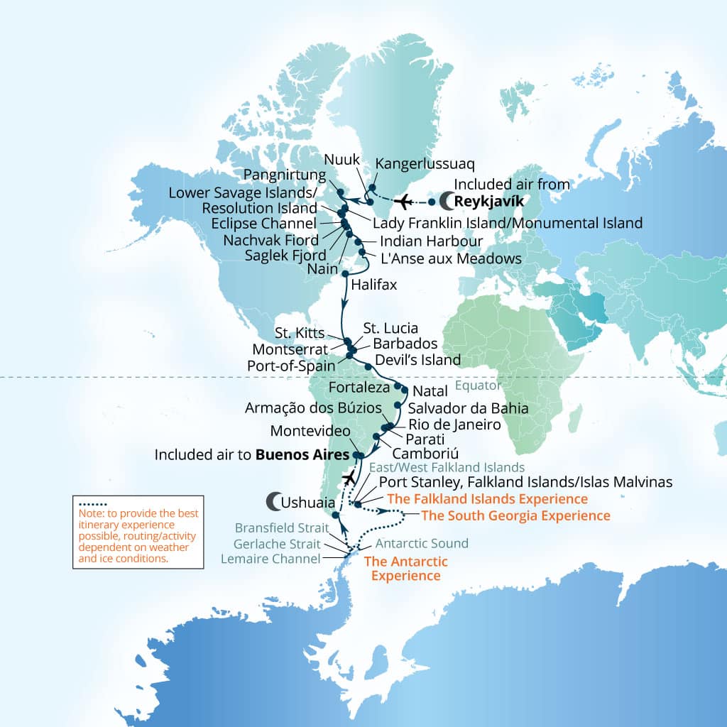 Seabourn Venture 64-day Reykjavik, Iceland to Buenos Aires itinerary map, September 16-November 19 2027