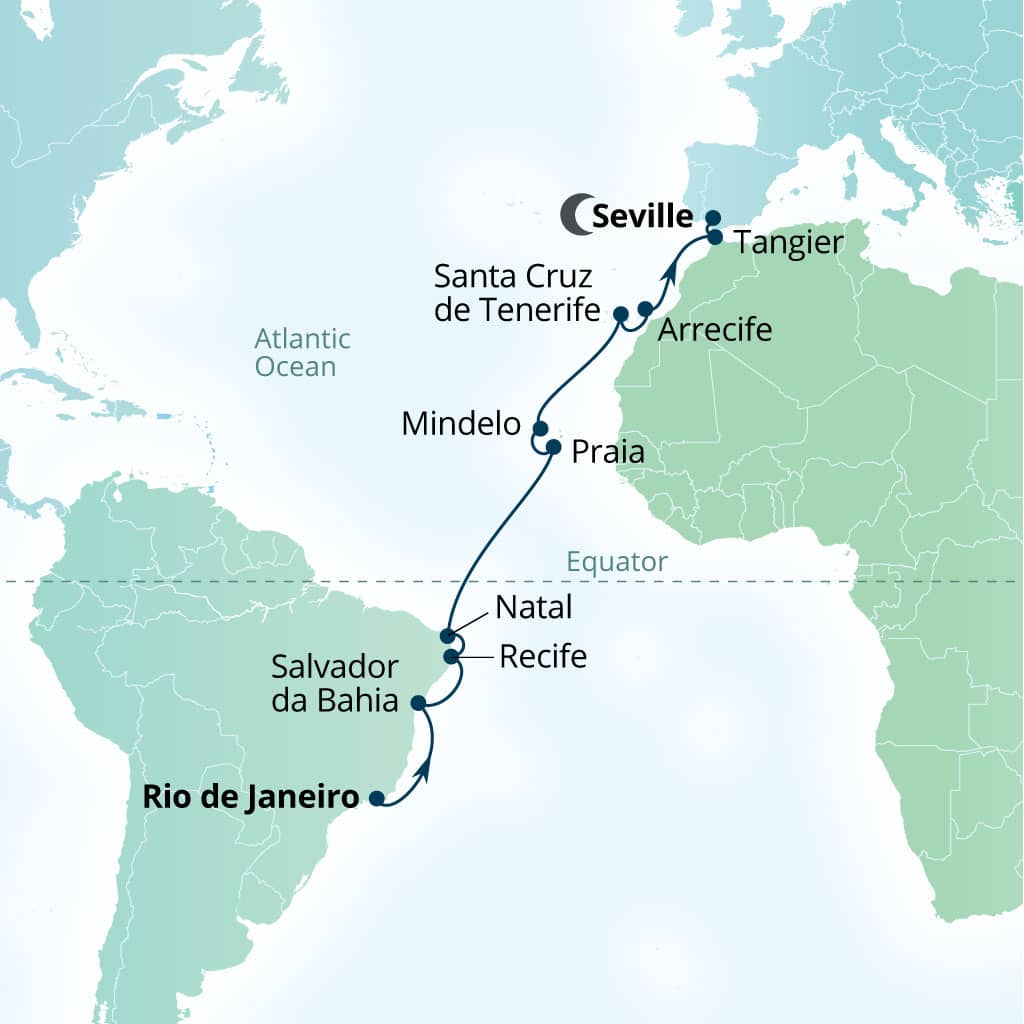 Seabourn Venture 21-day Rio de Janeiro, Brazil to Seville, Spain itinerary map, April 6-27 2027