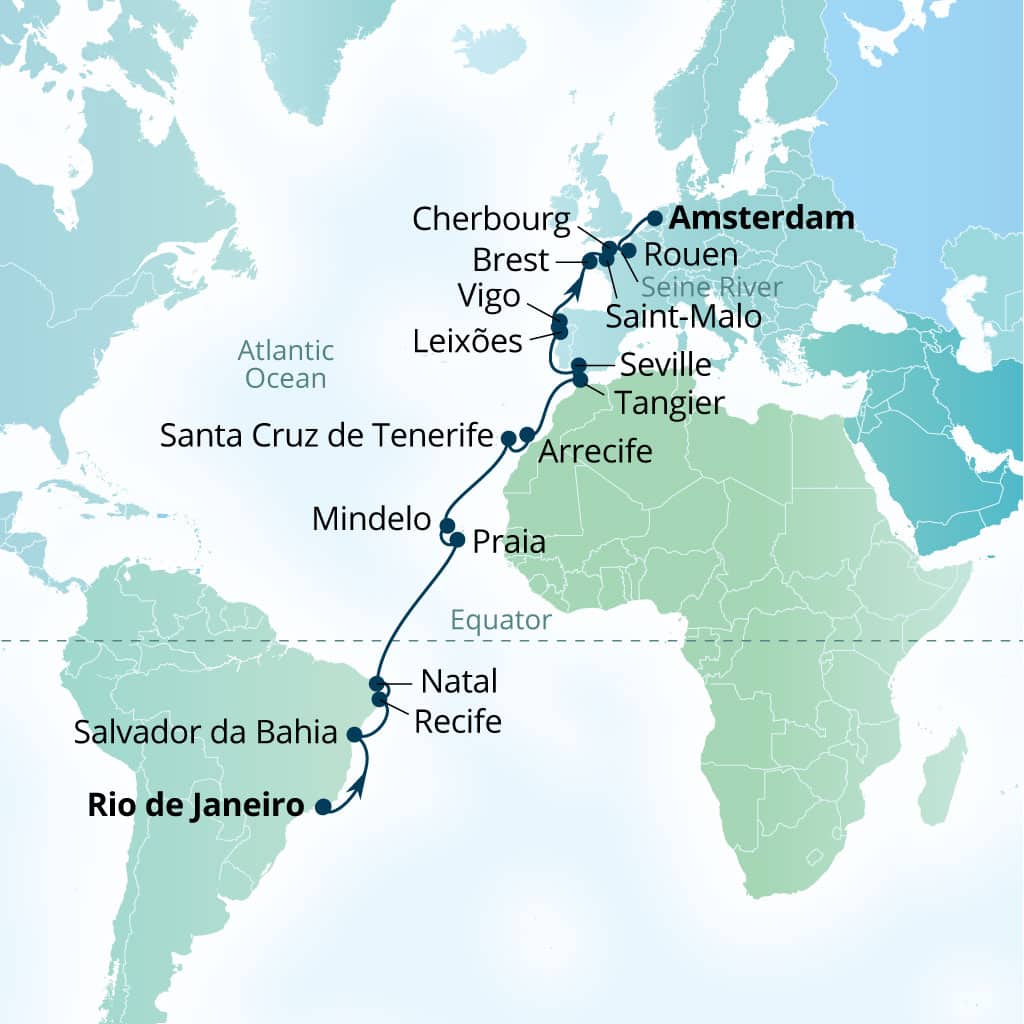 Seabourn Venture 31-day Rio de Janeiro, Brazil to Amsterdam, The Netherlands itinerary map, April 6-May 7 2027