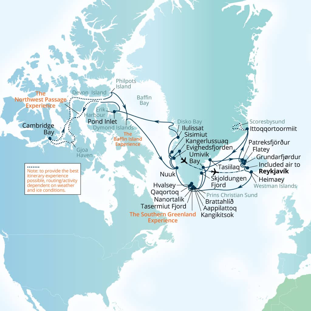 Seabourn Venture 47-day Reykjavik, Iceland to Reykjavik, Iceland itinerary map, July 3-August 19 2027