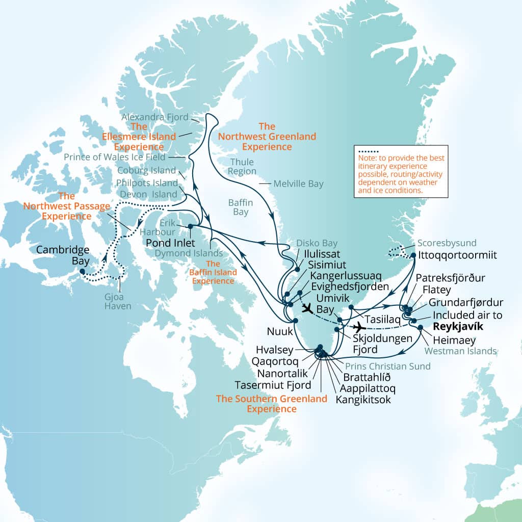 Seabourn Venture 59-day Reykjavik, Iceland to Reykjavik, Iceland itinerary map, July 3-August 31 2027