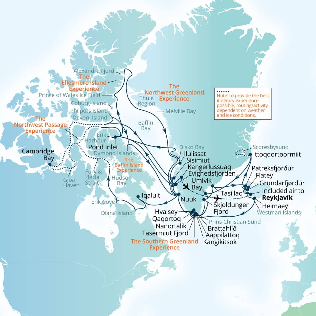 Seabourn Venture 77-day Reykjavik, Iceland to Reykjavik, Iceland itinerary map, July 3-September 18 2027