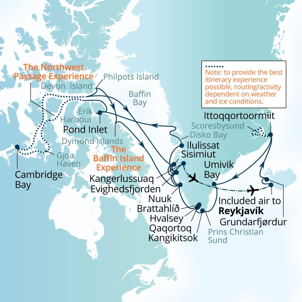 Seabourn Venture 33-day Reykjavik, Iceland to Reykjavik, Iceland itinerary map, July 17-August 19 2027
