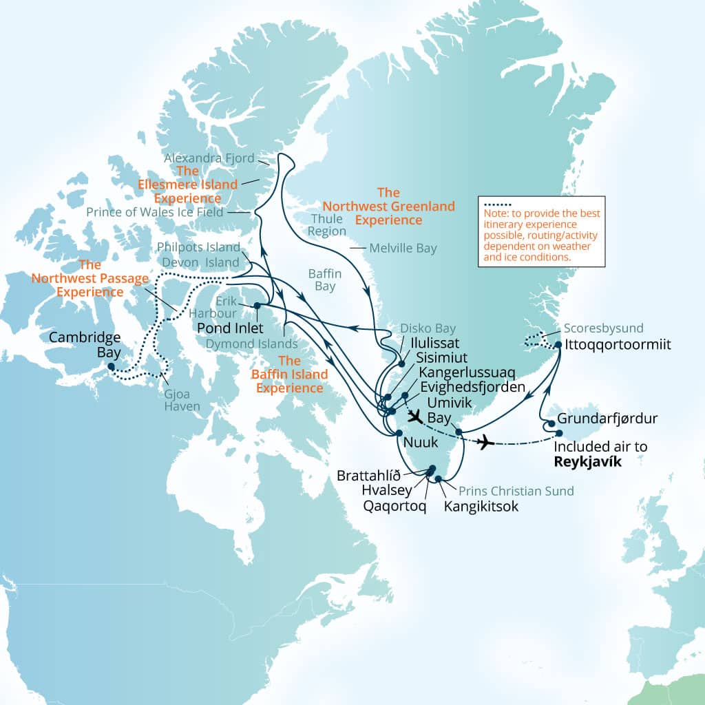 Seabourn Venture 45-day Reykjavik, Iceland to Reykjavik, Iceland itinerary map, July 17-August 31 2027
