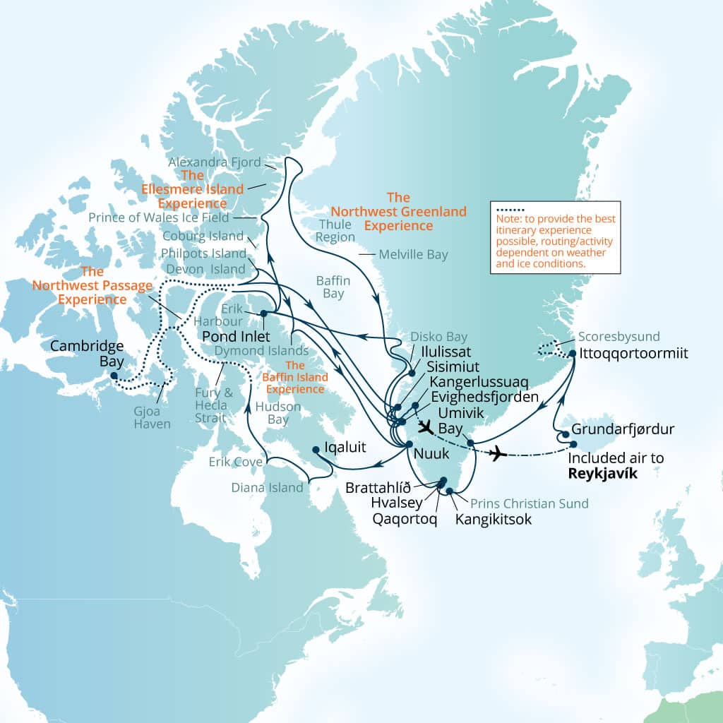 Seabourn Venture 63-day Reykjavik, Iceland to Reykjavik, Iceland itinerary map, July 17-September 18 2027