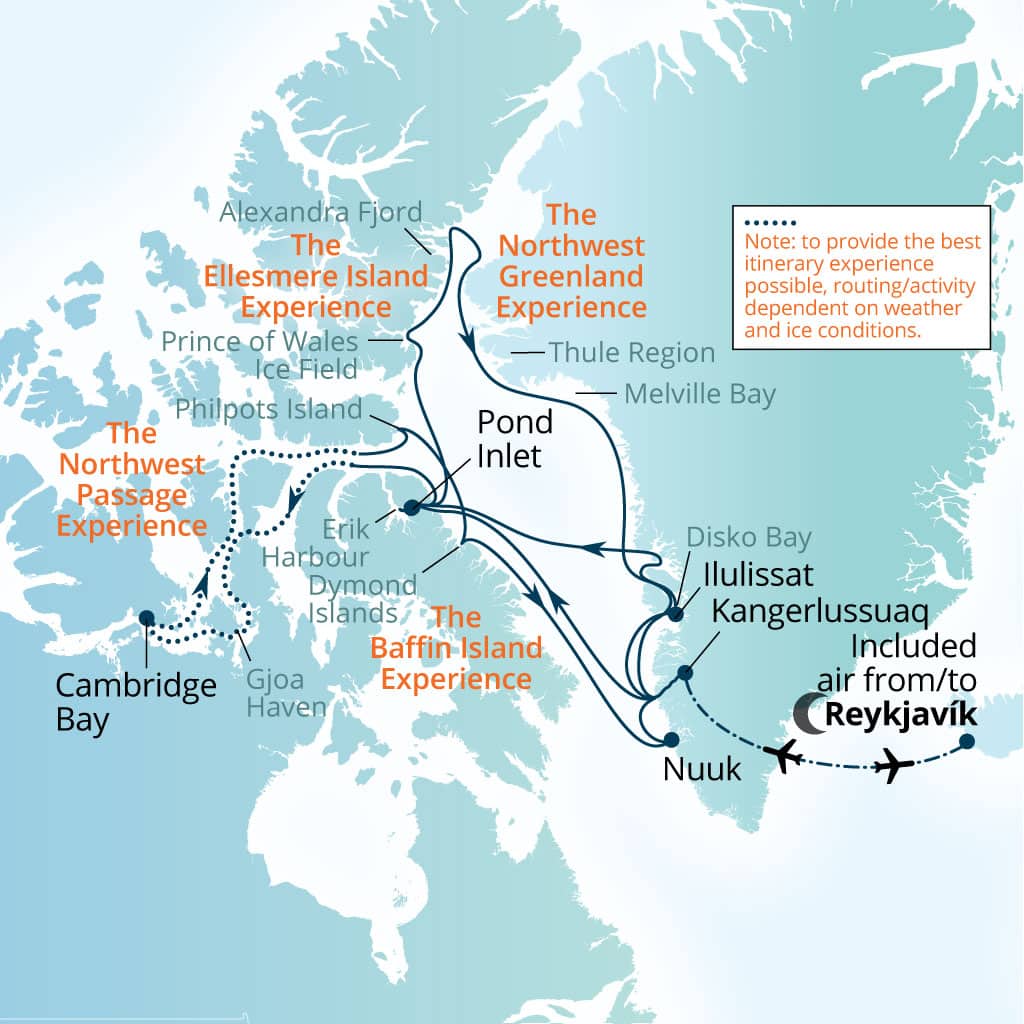 Seabourn Venture 32-day Reykjavik, Iceland to Reykjavik, Iceland itinerary map, July 30-August 31 2027