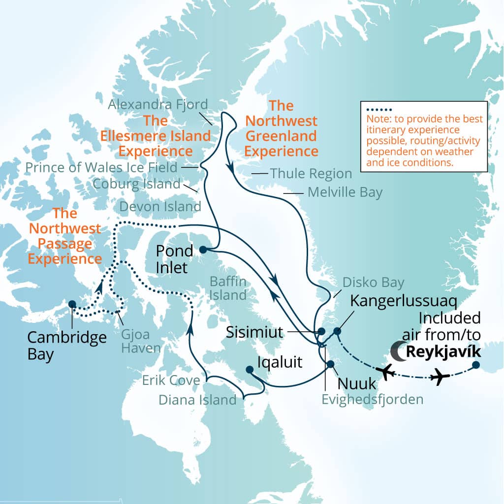Seabourn Venture 32-day Reykjavik, Iceland to Reykjavik, Iceland itinerary map, August 17-September 18 2027