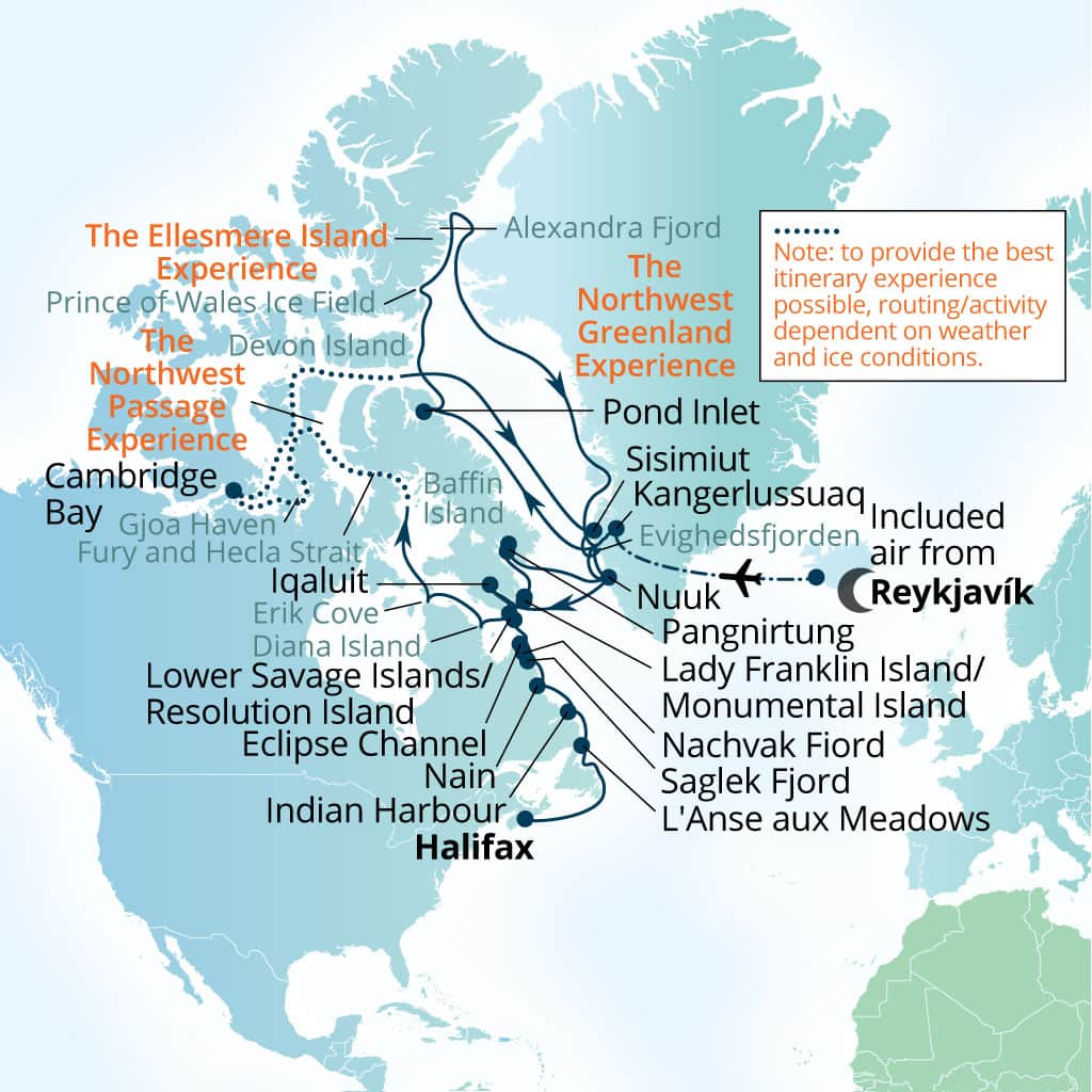 Seabourn Venture 45-day Reykjavik, Iceland to Halifax, Nova Scotia, Canada itinerary map, August 17-October 1 2027