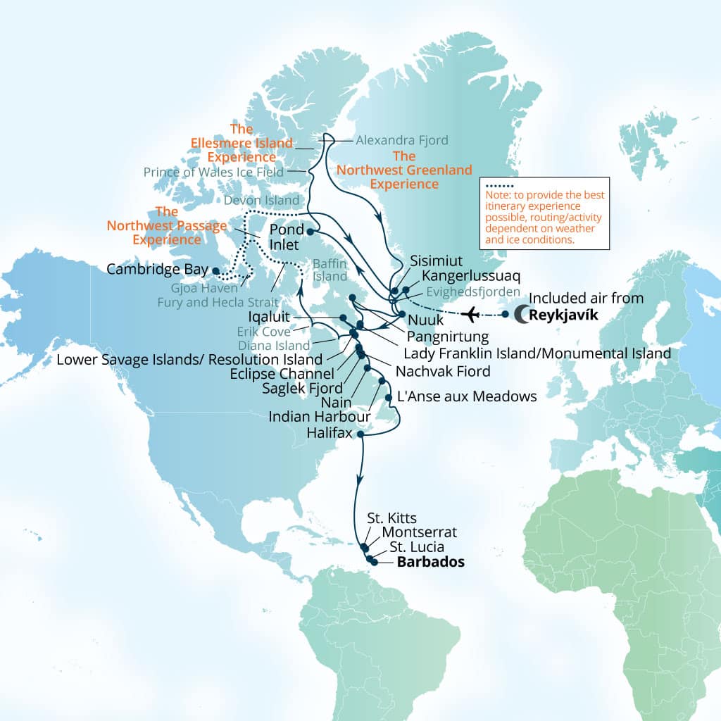 Seabourn Venture 53-day Reykjavik, Iceland to Bridgetown, Barbados itinerary map, August 17-October 9 2027