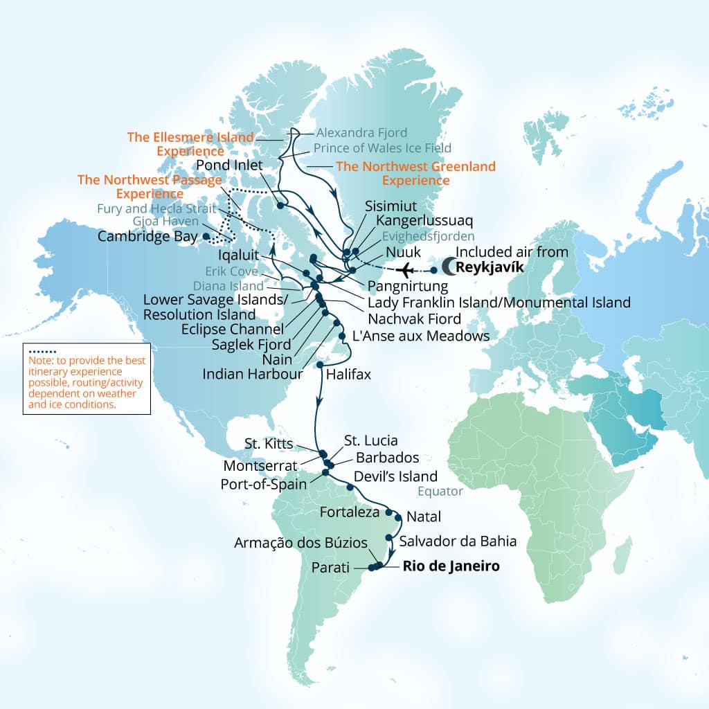 Seabourn Venture 69-day Reykjavik, Iceland to Rio de Janeiro, Brazil itinerary map, August 17-October 25 2027