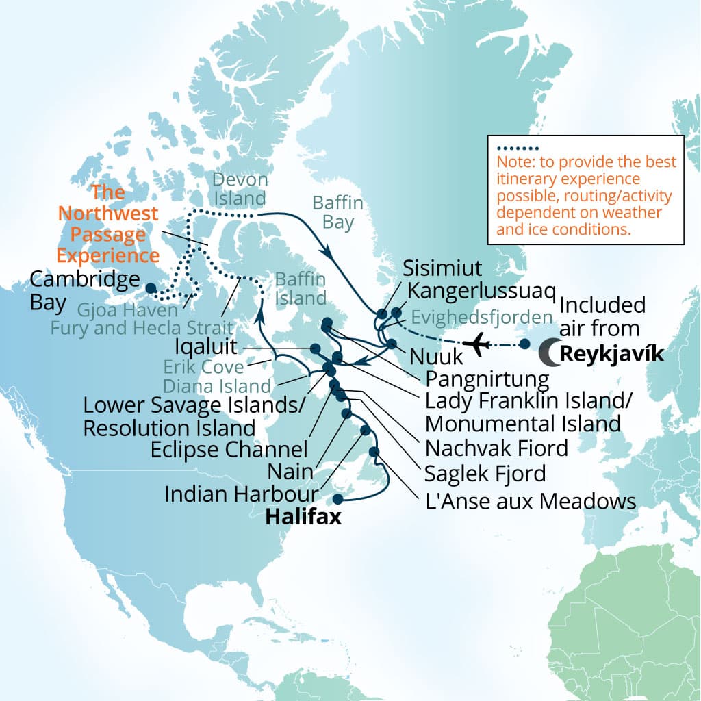 Seabourn Venture 33-day Reykjavik, Iceland to Halifax, Nova Scotia, Canada itinerary map, August 29-October 1 2027