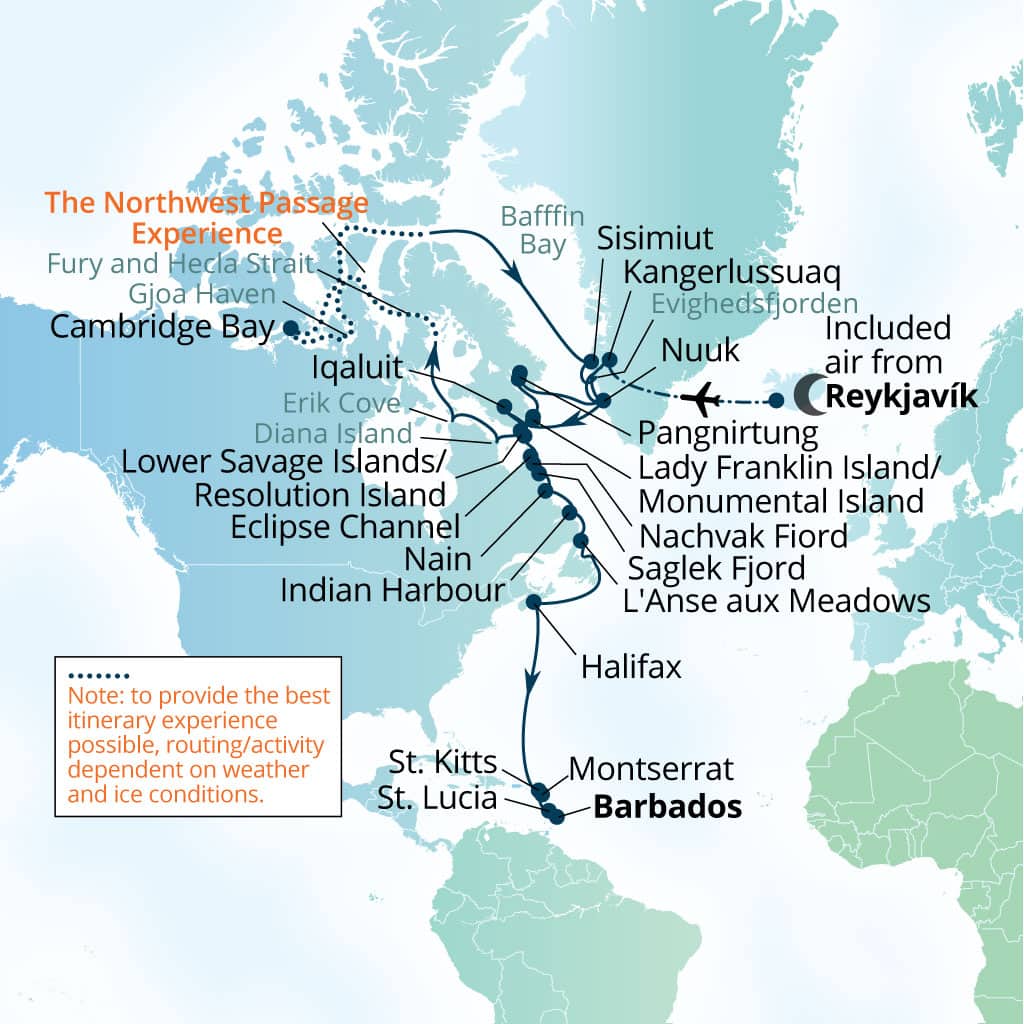 Seabourn Venture 41-day Reykjavik, Iceland to Bridgetown, Barbados itinerary map, August 29-October 9 2027