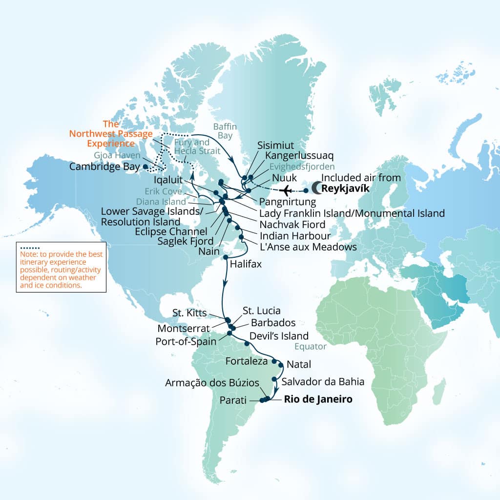Seabourn Venture 57-day Reykjavik, Iceland to Rio de Janeiro, Brazil itinerary map, August 29-October 25 2027