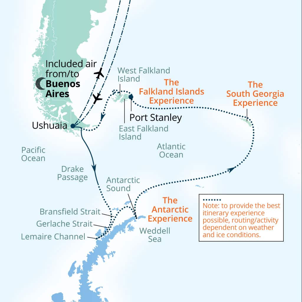 Seabourn Venture 21-day Buenos Aires to Buenos Aires itinerary map, March 2-23 2027