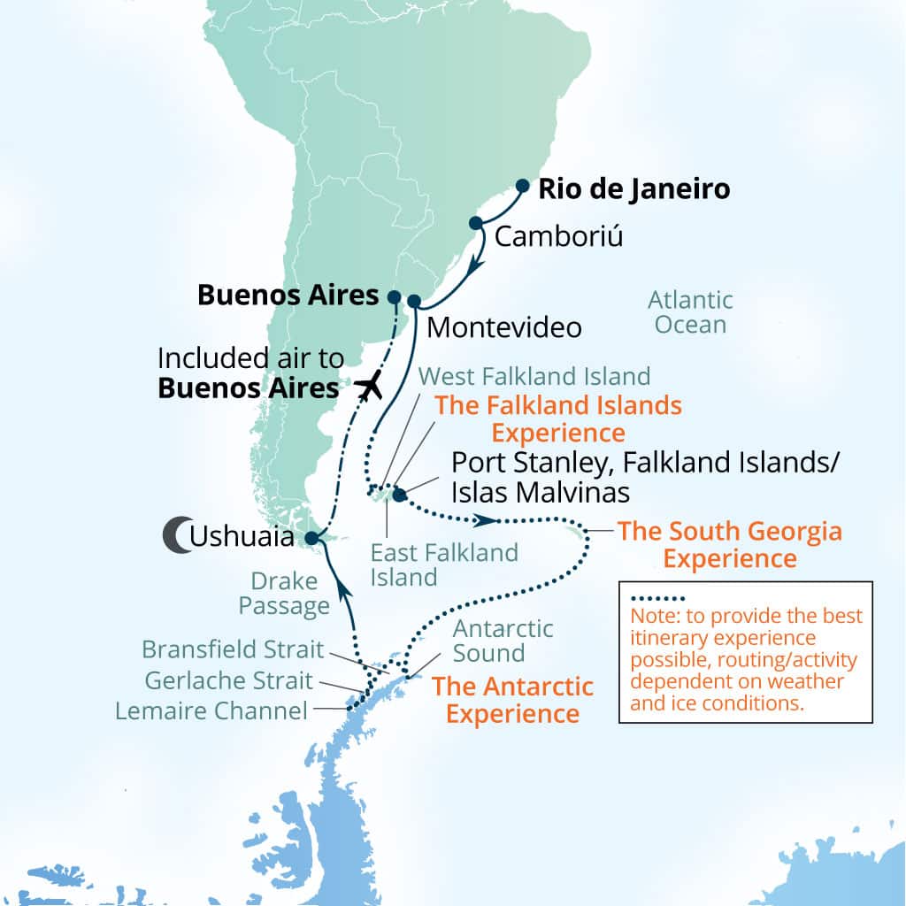 Seabourn Venture 25-day Rio de Janeiro, Brazil to Buenos Aires itinerary map, October 25-November 19 2027