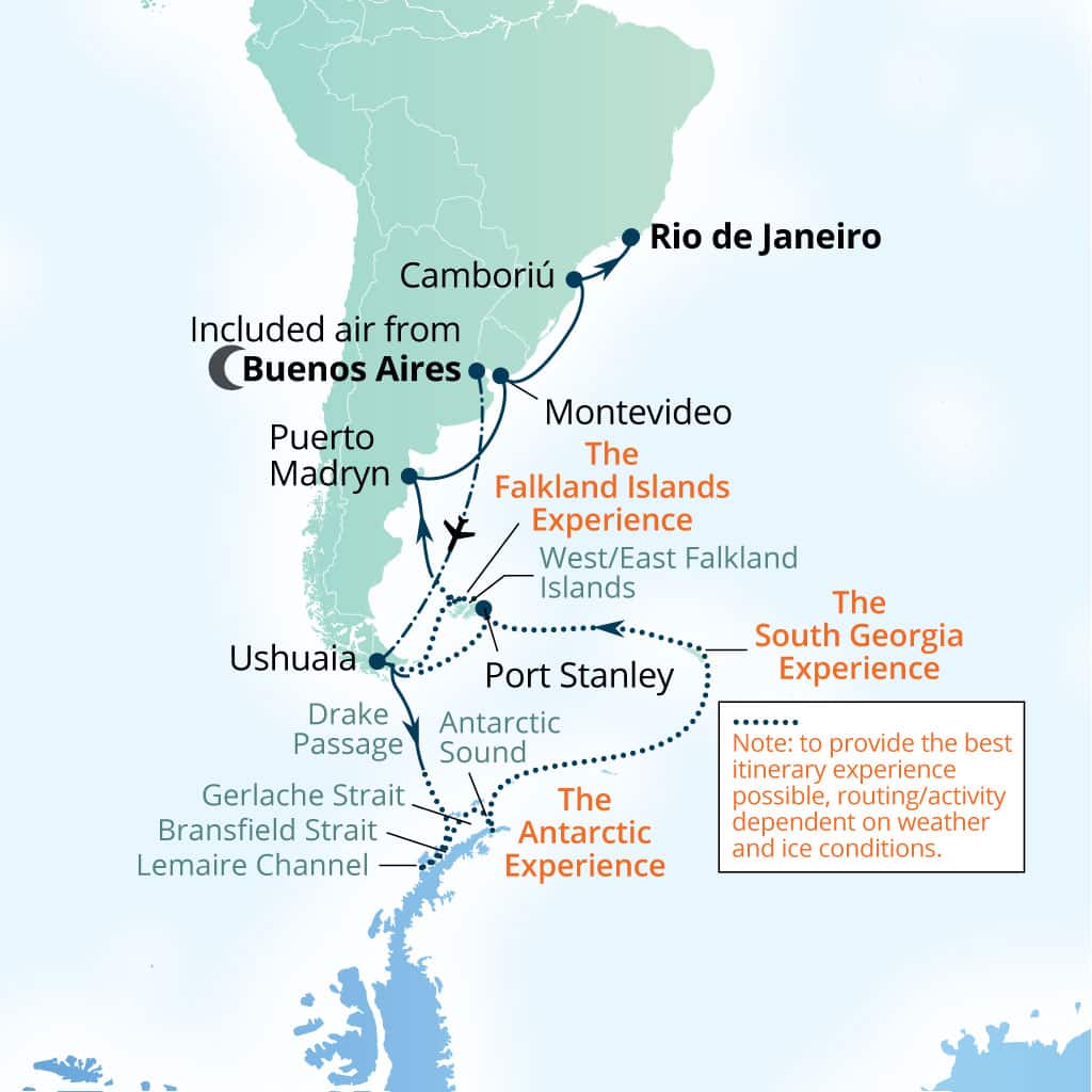 Seabourn Venture 35-day Buenos Aires to Rio de Janeiro, Brazil itinerary map, March 2-April 6 2027