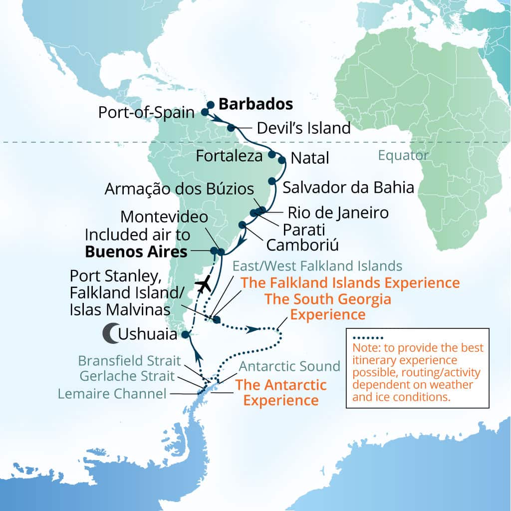 Seabourn Venture 41-day Bridgetown, Barbados to Buenos Aires itinerary map, October 9-November 19 2027