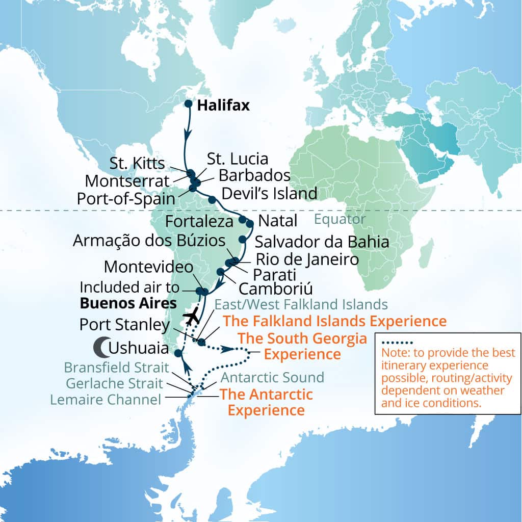 Seabourn Venture 49-day Halifax, Nova Scotia, Canada to Buenos Aires itinerary map, October 1-November 19 2027