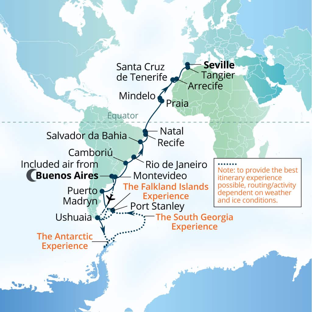 Seabourn Venture 56-day Buenos Aires to Seville, Spain itinerary map, March 2-April 27 2027