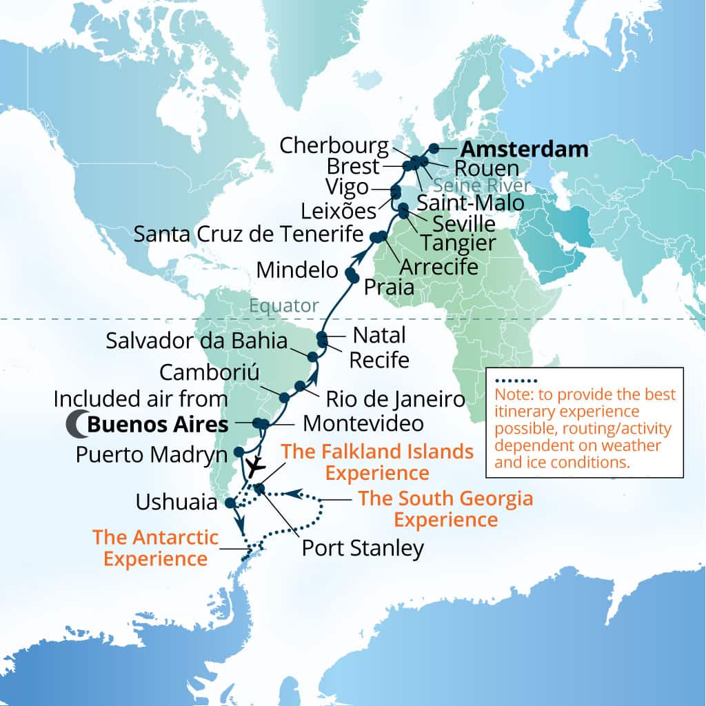 Seabourn Venture 66-day Buenos Aires to Amsterdam, The Netherlands itinerary map, March 2-May 7 2027
