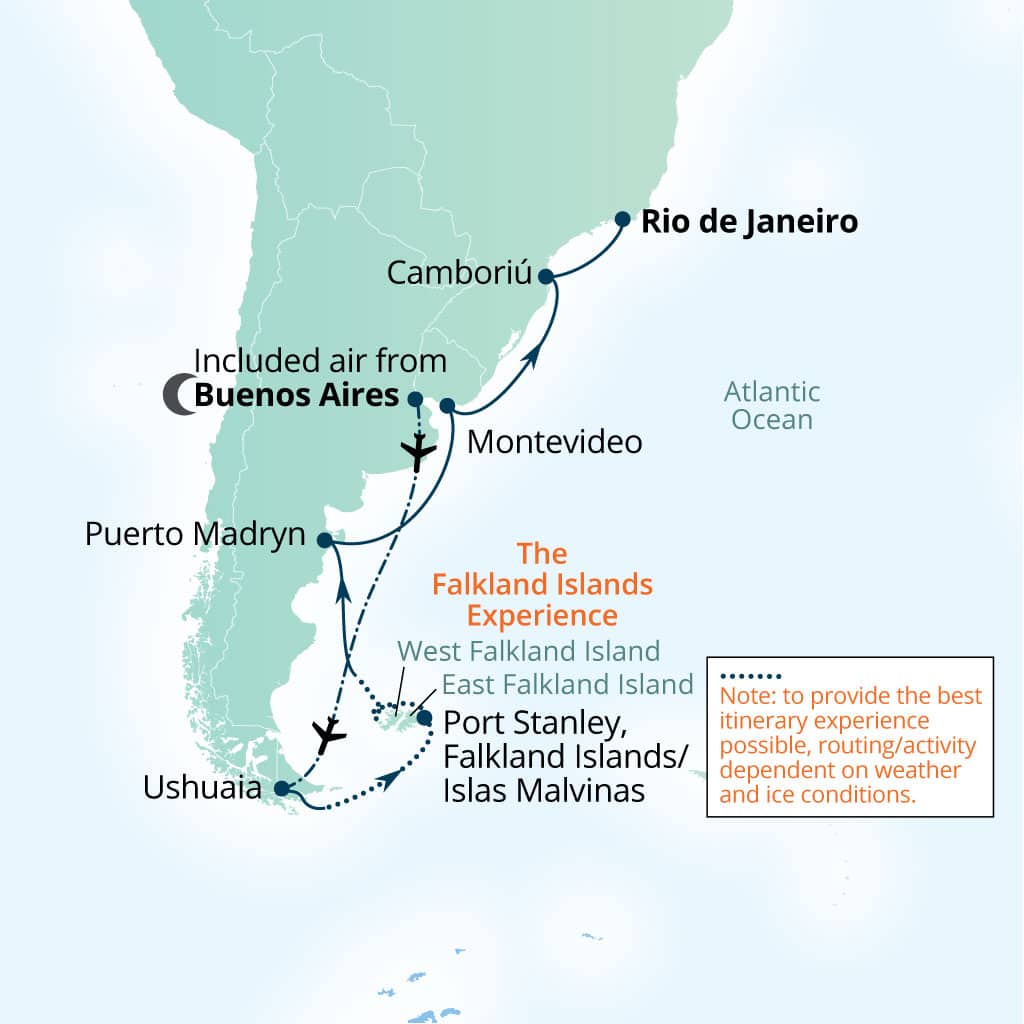 Seabourn Venture 15-day Buenos Aires to Rio de Janeiro, Brazil itinerary map, March 22-April 6 2027