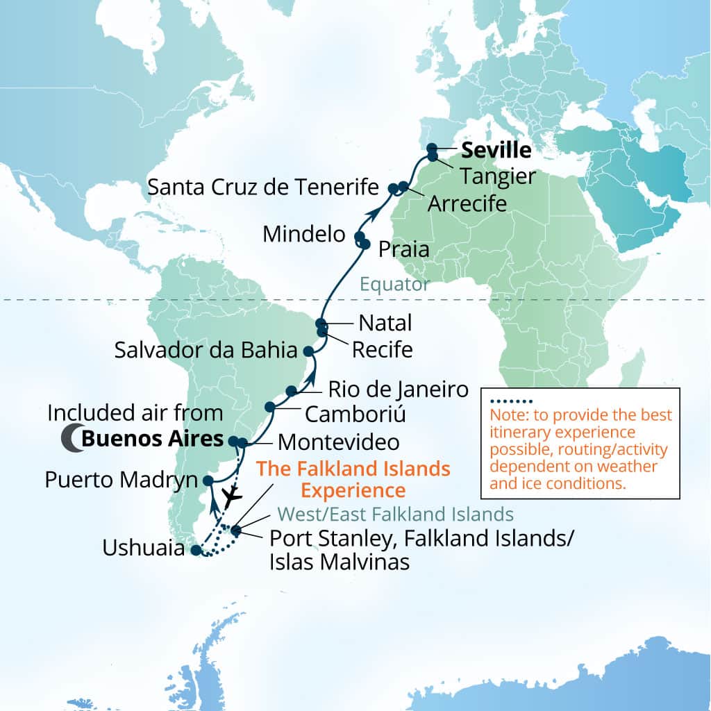Seabourn Venture 36-day Buenos Aires to Seville, Spain itinerary map, March 22-April 27 2027