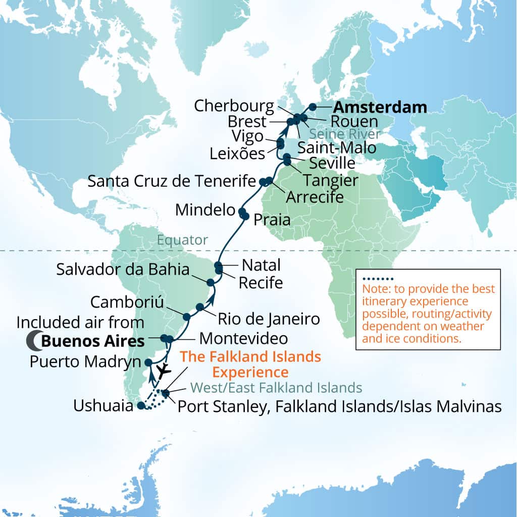 Seabourn Venture 46-day Buenos Aires to Amsterdam, The Netherlands itinerary map, March 22-May 7 2027