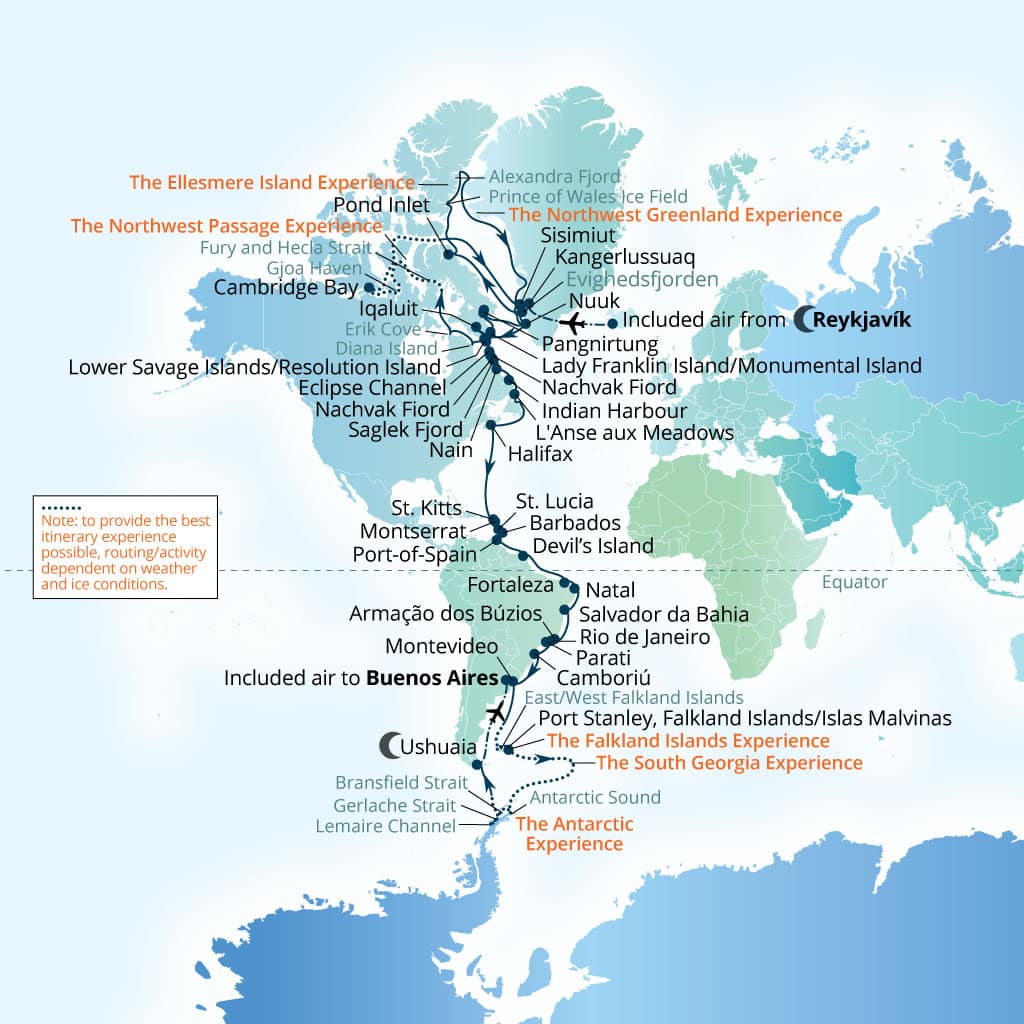 Seabourn Venture 94-day Reykjavik, Iceland to Buenos Aires itinerary map, August 17-November 19 2027
