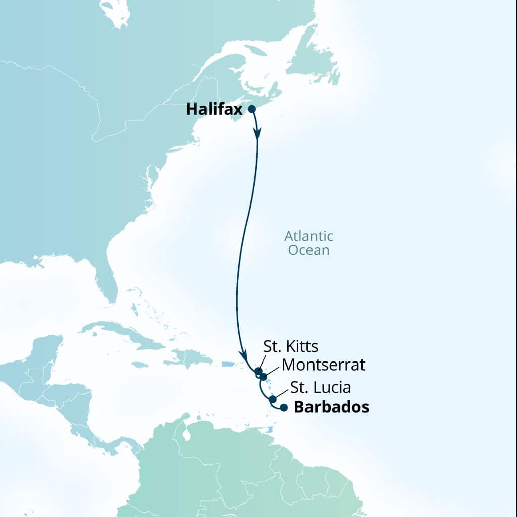 Seabourn Venture 8-day Halifax, Nova Scotia, Canada to Bridgetown, Barbados itinerary map, October 2-10 2028