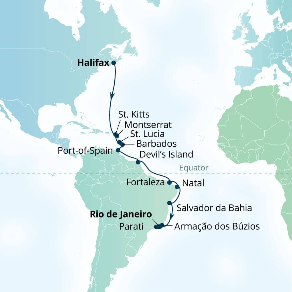 Seabourn Venture 24-day Halifax, Nova Scotia, Canada to Rio de Janeiro, Brazil itinerary map, October 2-26 2028