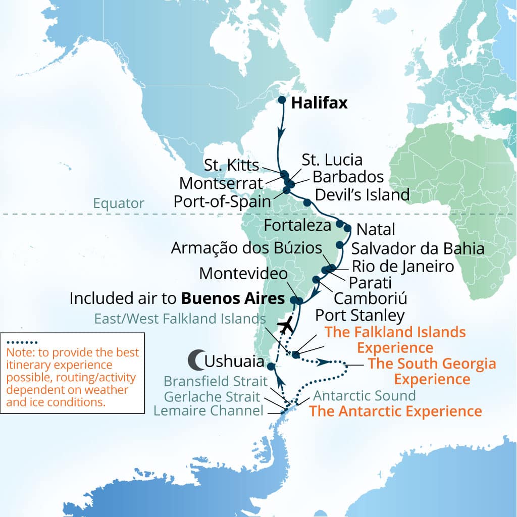 Seabourn Venture 49-day Halifax, Nova Scotia, Canada to Buenos Aires itinerary map, October 2-November 20 2028