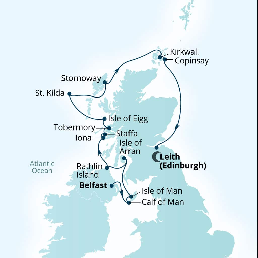 Seabourn Venture 11-day Belfast, Northern Ireland, United Kingdom to Leith (Edinburgh), Scotland, United Kingdom itinerary map, May 6-17 2028
